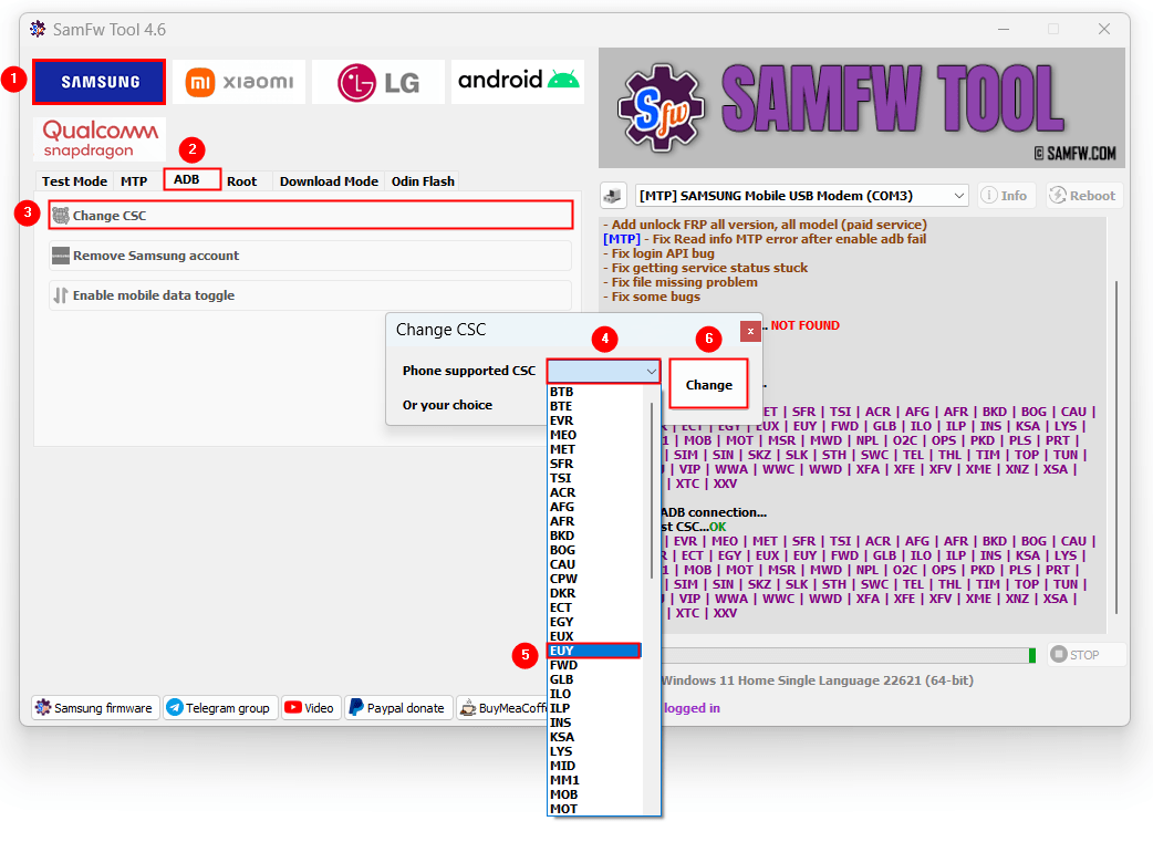 Captura de pantalla de la ventana de samfw tool mostrando la lista de cscs para seleccionar