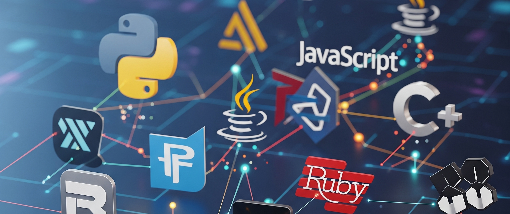 imagen de diferentes logos de lenguajes de programación conectados entre sí