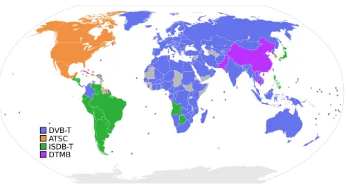 Comparación geográfica de los tres principales estándares de TDT utilizados globalmente.