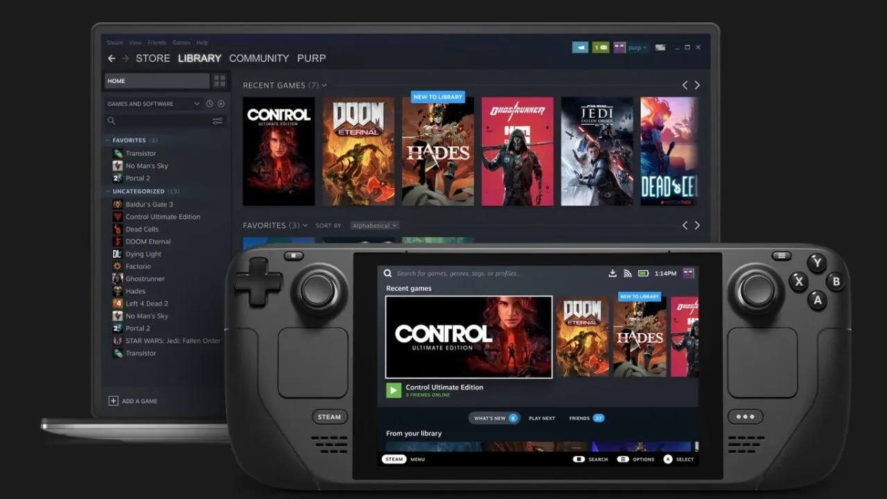 Interfaz de SteamOS en modo gaming mostrando la biblioteca de juegos